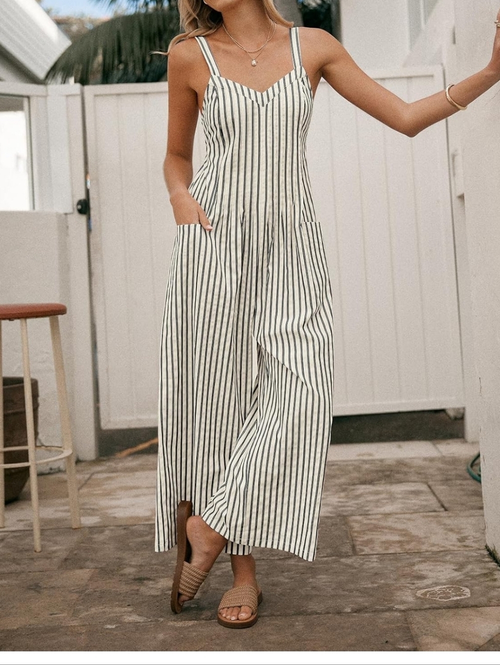 Striped Wide-Leg Jumpsuit in Ivory & Black Xl - Picture 3 of 4